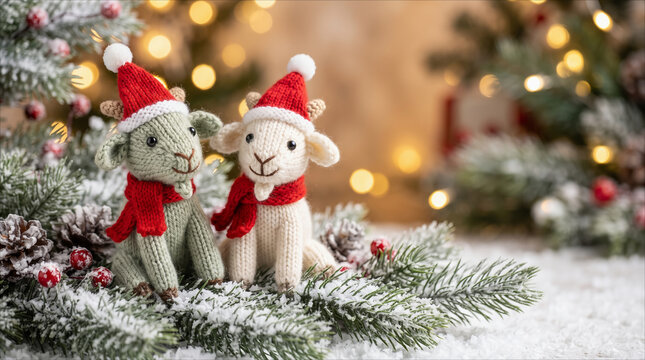 Knitted toy goats wearing Santa hats and red scarves amid snowy fir tree branches