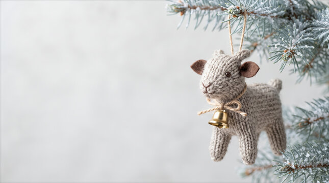 Knitted goat toy ornament with little bell hanging on frosted fir tree branch