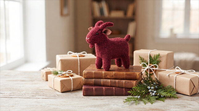 Knitted burgundy goat toy standing on vintage books with 2027 year gifts