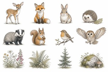Fototapeta premium Hand drawn woodland animals and forest plants illustration set