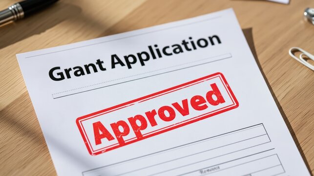 A high angle view of a grant application form featuring a bold red approved rubber stamp mark