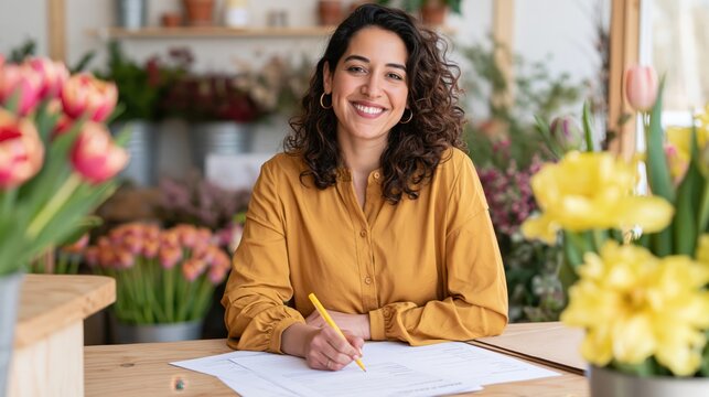 Middle Eastern woman entrepreneur smiling while working in her bright floral flower shop