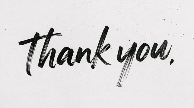 Black brush stroke lettering of the words thank you on a textured white paper background surface