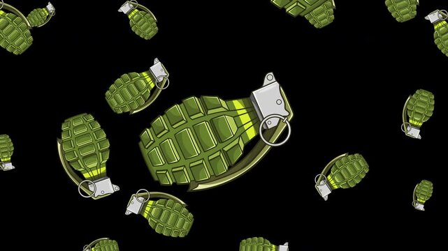Grenades Falling down on Transparent Alpha background Animation. Falling grenades. Hand grenade Rain. Dropping bombs animation. 4K Seamless loop.