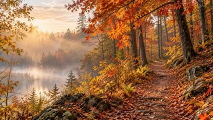 Fototapeta premium Autumn forest path among amber maple trees and gentle morning haze