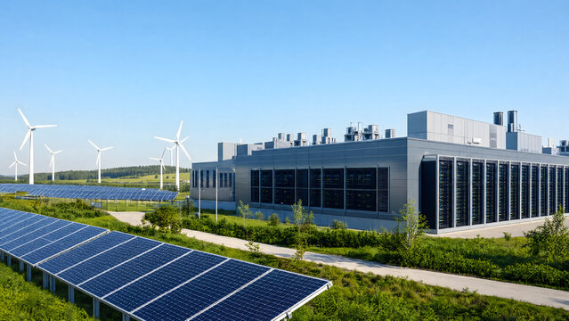Sustainable Data Center Powered by Solar Panels and Wind Turbines in Green Landscape Under Clear Blue Sky
