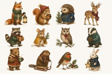 Fototapeta premium Cozy winter woodland animals with scarves, gifts, lanterns