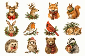 Fototapeta premium Cute woodland animals holiday clipart with winter wreaths