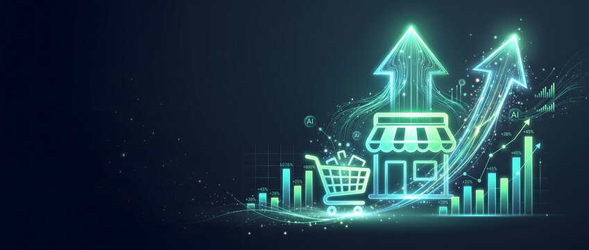 Glowing Neon Online Store with Shopping Cart, Rising Arrows and Bar Charts Showing AI Powered E-Commerce Sales Growth