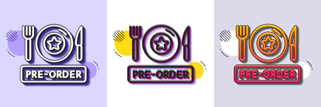 Pre-order food line icon. Halftone dotted pattern. Gradient icon with grain shadow. Order meal sign. Restaurant plate, fork and knife symbol. Line pre-order food icon. Various designs. Vector