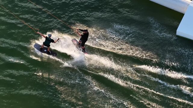 Professional wakeboard rider performing advanced tricks on obstacles at a world class wake park in Turkey, sunny day with spectacular scenery and clear water. Pro wakeboard cable park tricks.