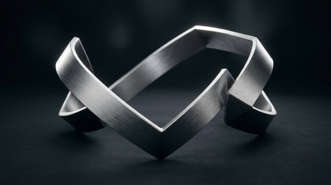 Abstract metallic geometric structure forming an impossible shape on a dark background with soft lighting