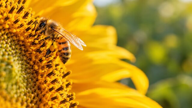 Honeybee gathering pollen from a bright sunflower in warm natural light
