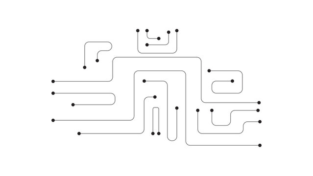 Minimal Black Circuit Board Lines and Electronic Connection Nodes on White Background. Abstract Technology Circuit Lines with Rounded Paths and Black Connection Points. 