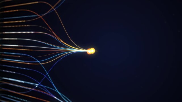 AI neural network data flow background, glowing fiber lines branching from nodes, blue and orange light streams on dark background, camera fly through with depth of field, 4k motion graphic