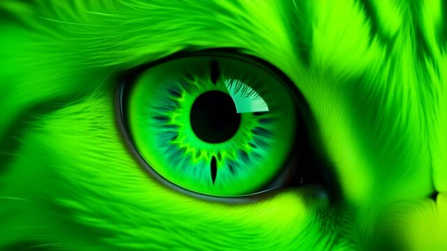 Extreme macro photorealistic footage of a beautiful cat with vivid neon-green fur and luminous emerald-green iris
