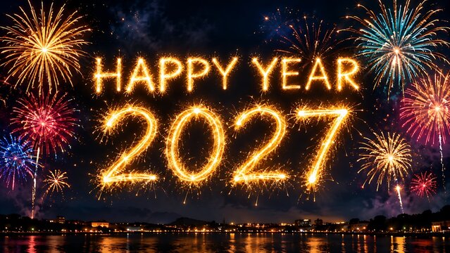 Happy New Year 2027 Sparkler Typography with Colorful Fireworks Over the City Water Front