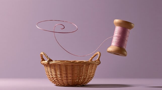 Photorealistic craft humor with thread spool creating spiral sky message on soft purple backdrop