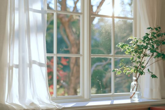 きらめく日差しが窓辺に注ぐ白いカーテンと植物のある心安らぐ空間