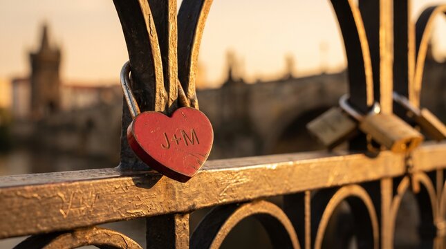 Heart-shaped padlock on a bridge at sunset with a warm glow  