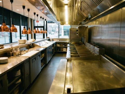 Commercial kitchen interior with gleaming stainless steel surfaces, organized prep stations, professional cooking equipment and warm copper pendant lights highlighting a hygienic workspace