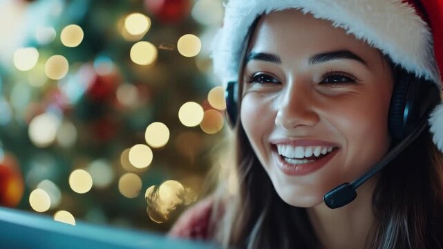 Happy woman wearing Santa hat and headset in front of Christmas tree