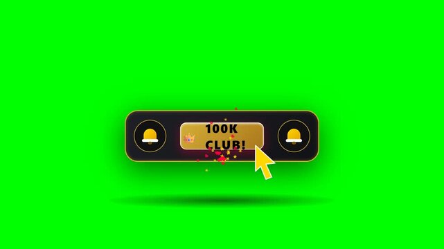 A 10-second 4K 60fps grand milestone celebration 3D animation of a YouTube trophy play button plaque clicked by a golden royal pointer, flipping the subscribe button to reveal 100K CLUB with twin chim
