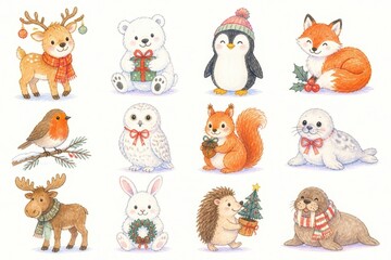 Fototapeta premium Watercolor winter woodland animals collection with festive accessories