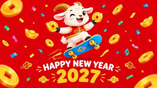 Chinese New Year 2027 Cartoon Goat on Skateboard with Gold Coins Celebration Background