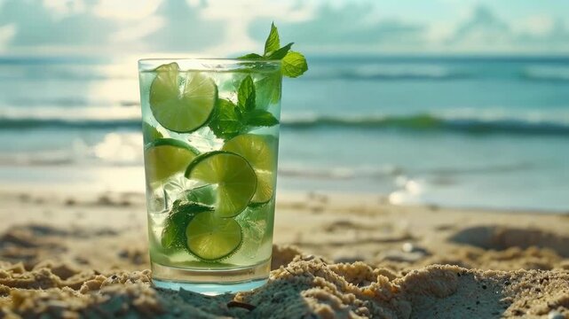 Refreshing Lime and Mint Cocktail with Ice on a Beach