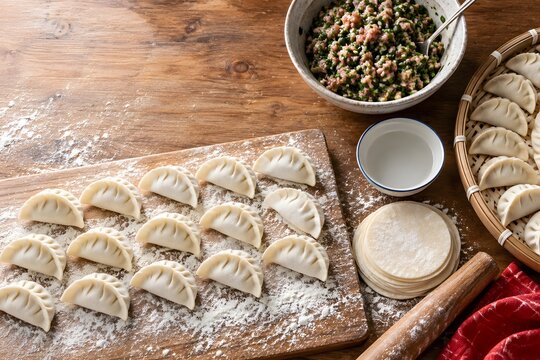 Homemade dumpling making for Lunar New Year with pleated raw dumplings, wrappers, pork and chive filling and rolling pin on floured wooden board, top view