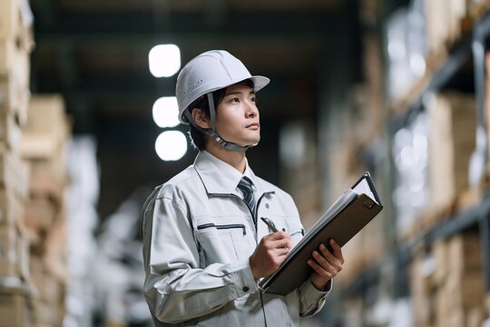 倉庫で働く若い日本人男性作業員が点検確認