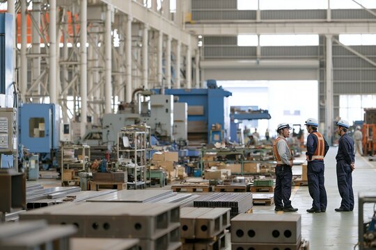 広大な工場で働く日本人作業員3人が真剣に打ち合わせ