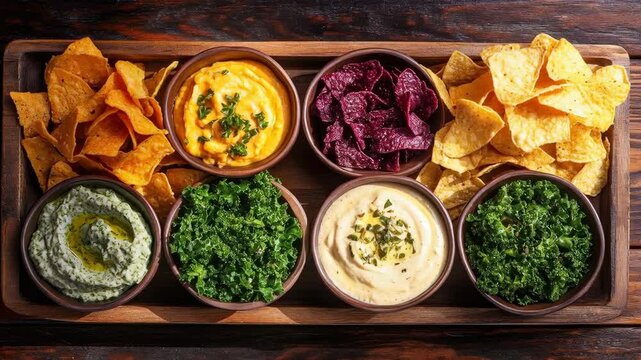 Selection of Gourmet Dips and Assorted Chips on a Rustic Wood Tray