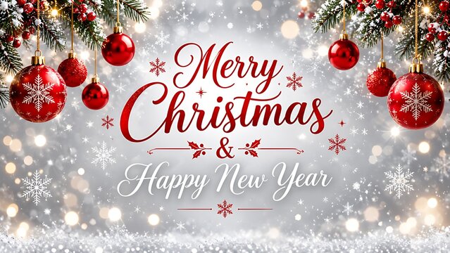 Merry Christmas and Happy New Year Background with Red Baubles and Snowflakes