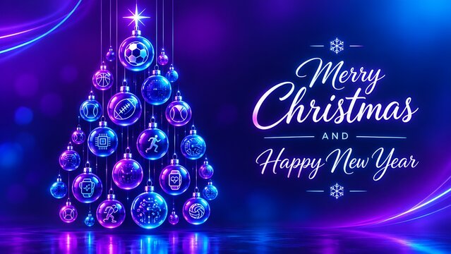 Neon Sports and Technology Christmas Tree Neon Glowing Ornaments Background