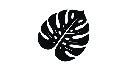 A black silhouette of a tropical monstera leaf on a white background. © Ramdani