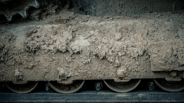 Muddy Tracked Vehicle Crawler Wheels on Ground. Industrial Art Construction Closeup Background Grunge Banner for Creative Projects.