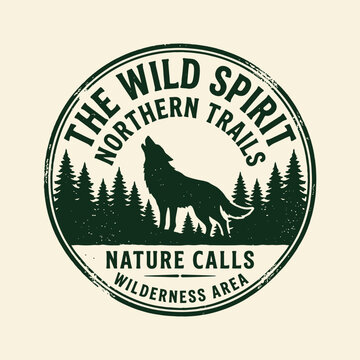 Vintage circular badge with wolf silhouette and pine trees wilderness emblem.