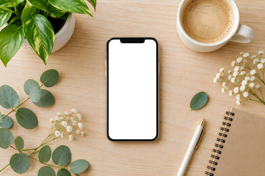 Top down view of a modern white screen smartphone on a natural wooden tabletop adorned with lush green foliage and delicate white blossoms ideal for technology or lifestyle mockups