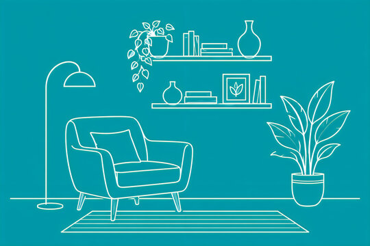 Clean minimalist white line art depicts a modern living room corner showcasing a comfortable armchair wall shelves with decorative objects and a potted plant on a teal background