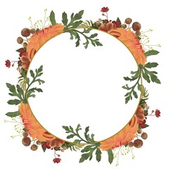 Colorful autumn frame wreath with orange flowers red berries and green leaves. Invitation template © Kseniia Chebotarova