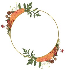 Bright autumn wreath with red and orange flowers. Invitation template on, greetings, card, wedding © Kseniia Chebotarova