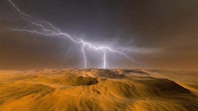 Cinematic Desert Storm Lightning Loop With Bolts Striking Dunes And Golden Terrain Glowing Under