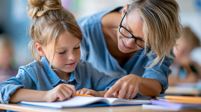 Patient teacher leaning over a student's desk and pointing toward an open notebook, explaining a mathematics problem step by step, tutoring, personalized learning, academic