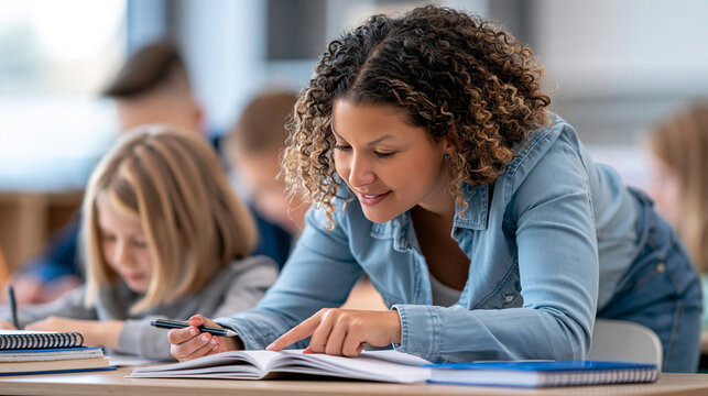 Patient teacher leaning over a student's desk and pointing toward an open notebook, explaining a mathematics problem step by step, tutoring, personalized learning, academic