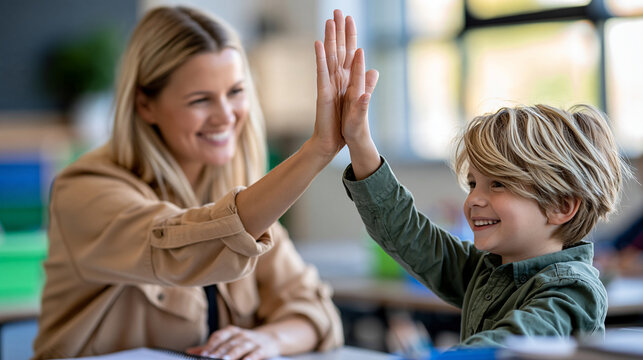 Female teacher helping a young student at his desk while celebrating academic progress, supportive education, child achievement, teacher mentorship, personalized learning, World