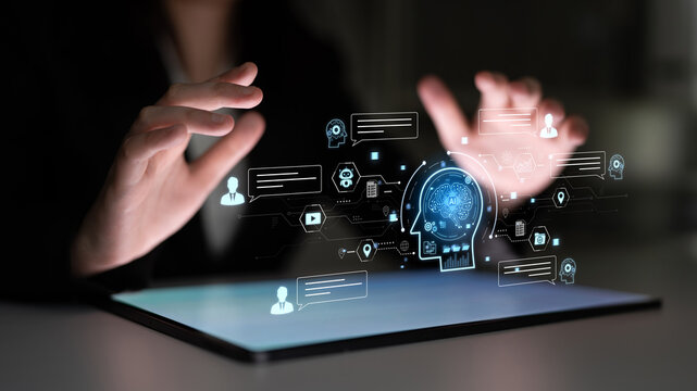 Artificial intelligence AI chat message concept linking users, knowledge base, search and analytics to provide automated NLP data support and informed business decisions, tech model training. Corpus