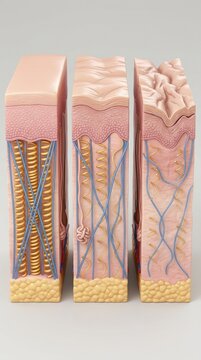 Human skin cross section demonstrating chronological aging timeline, gradual collagen density decline inside dermis, thinning epidermis layer, broken elastin fibers, deep wrinkle formation.