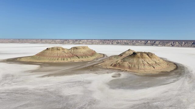 Sweeping Around Twin Layered Buttes in Karynzharyk Depression